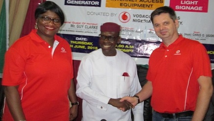 (L-r) Mrs Nkechi Newton-Denila, Executive Director, Legal and Regulatory Services, Vodacom Business Nigeria; Honourable Chris Ugorji, Principal, Federal Science and Technical College, Yaba, and Mr Guy Clarke, Managing Director, Vodacom Business Nigeria, at the Handing-Over and Commissioning Ceremony of Internet Access and 220KVA Standby Generator donated by Vodacom Business Nigeria to Federal Science and Technical College, Yaba in Lagos on Thursday.